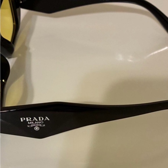 Prada Black Rectangular Geometric Sunglasses with Yellow Lenses